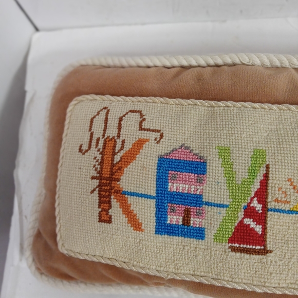 Vintage KEY WEST Accent Pillow Velveteen w/ Cross-Stitch Topping & Rope Edges He - Picture 2 of 8